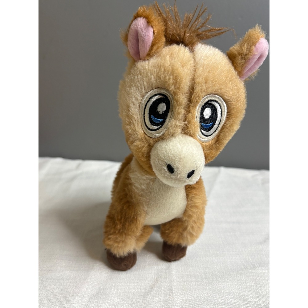 Classic Toy Co Horse Plush Tan Brown Stuffed Animal Large Blue Eyes Red Ribbon